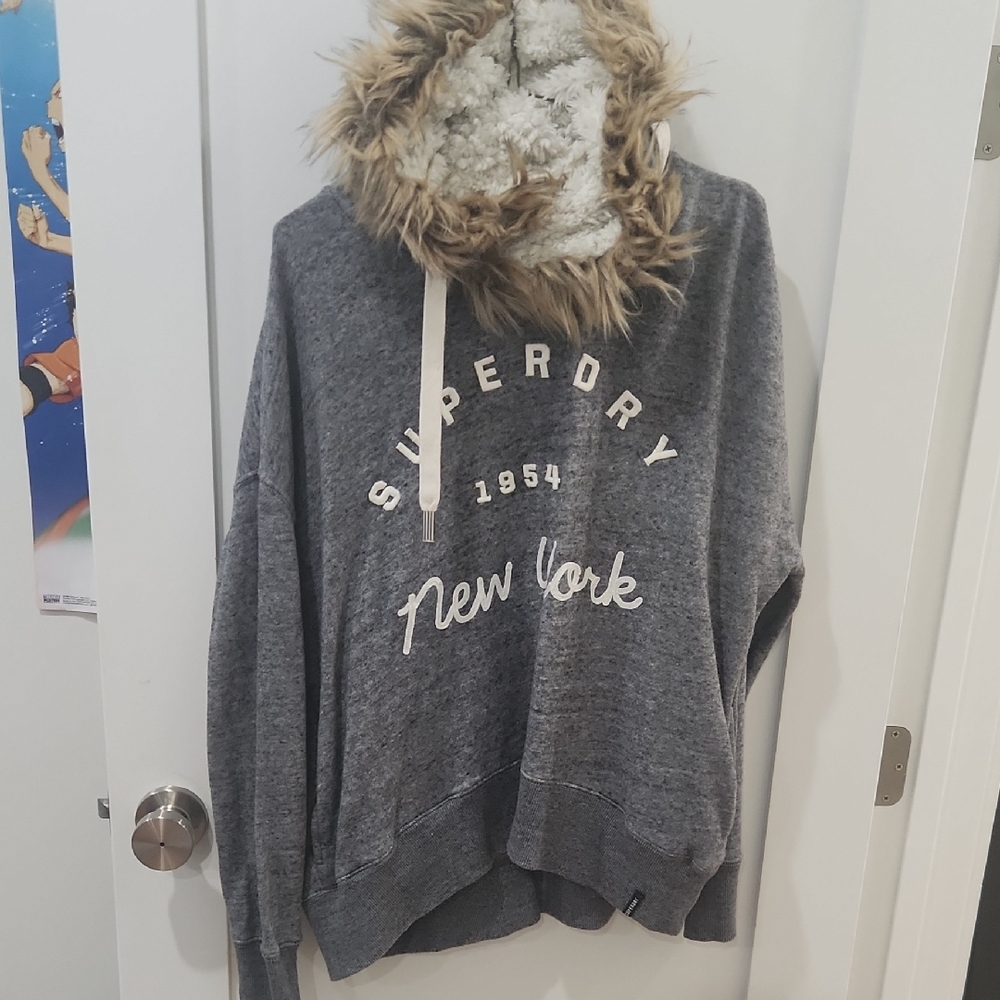 Superdry Charcoal Hoodie with Faux Fur Trim
